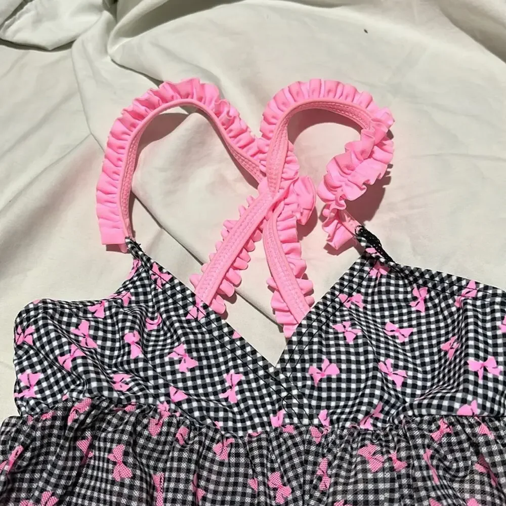 Hula Star 6/6x black white houndstooth pink bow accent cover up nwt perfect